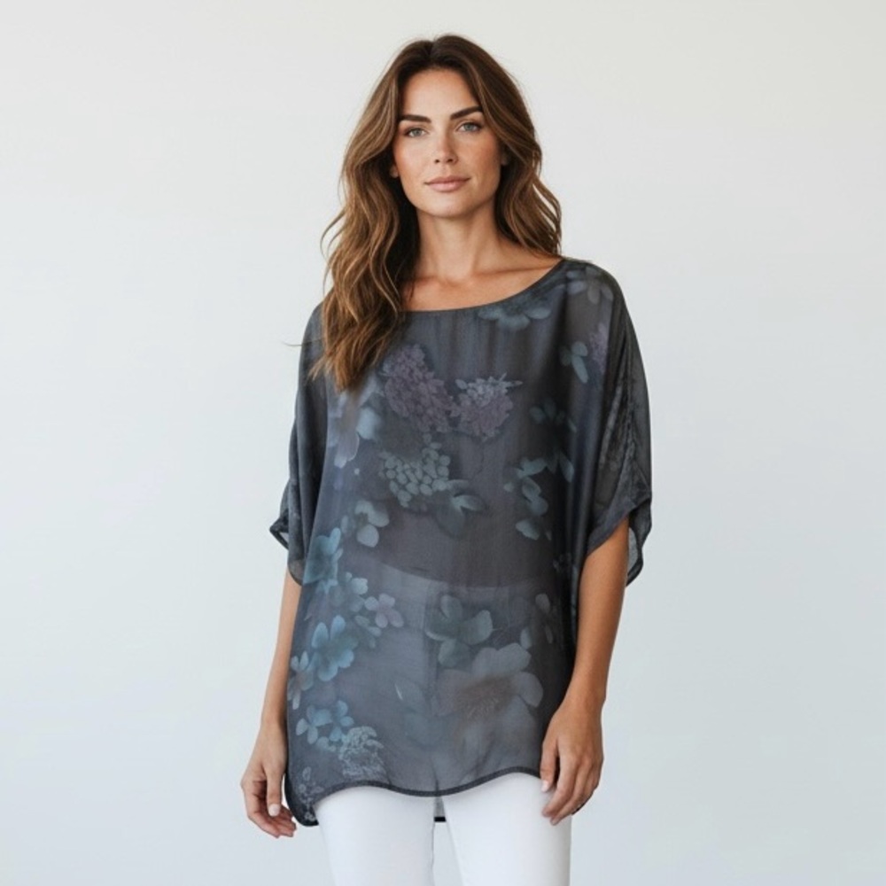 Dolce Regazza Silk Blend Sequins Two Layer Floral Print Grey Blue Pink Tunic